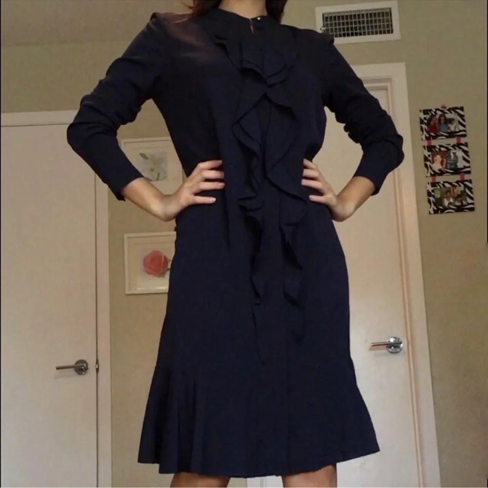 NWT TORY BURCH JANE RUFFLE NECK FLOUNCE HEM NAVY SHIFT DRESS SIZE  14